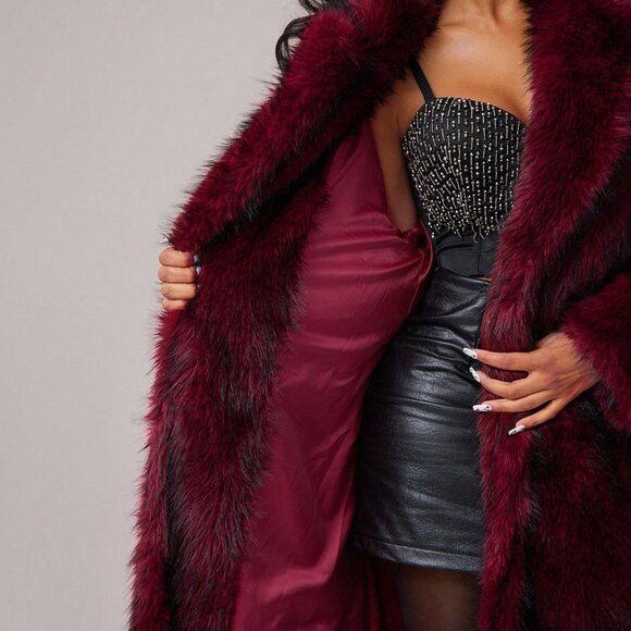 Burgundy Casual Women's Long Fluffy Faux Fur Coat - Picture 8 of 8